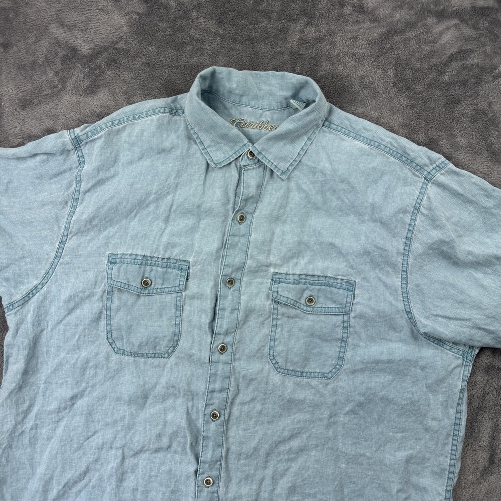 Caribbean Shirt Mens XL Linen Short Sleeve Button Up Double Pocket Summer Casual